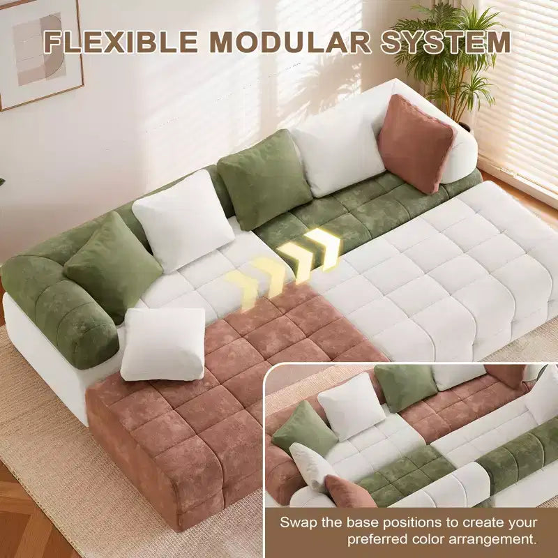 Divano sezionale in ciniglia a 4 posti con braccioli curvi Colorblock larghezza 279,9 cm