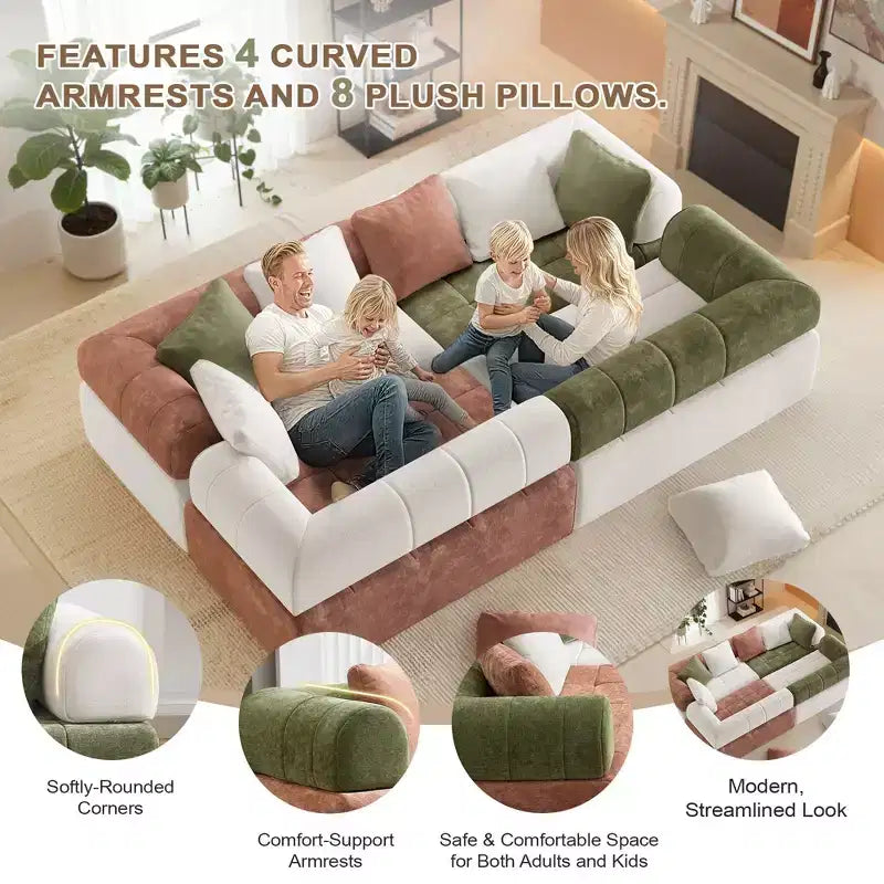 Divano sezionale in ciniglia a 4 posti con braccioli curvi Colorblock larghezza 279,9 cm