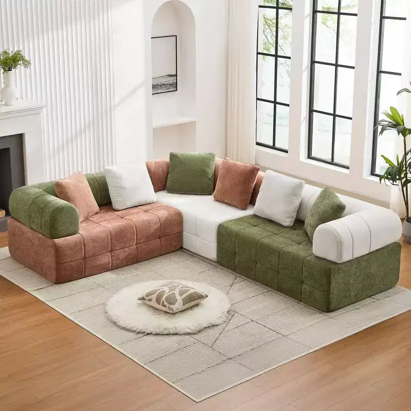 Divano sezionale in ciniglia a 4 posti con braccioli curvi Colorblock larghezza 279,9 cm