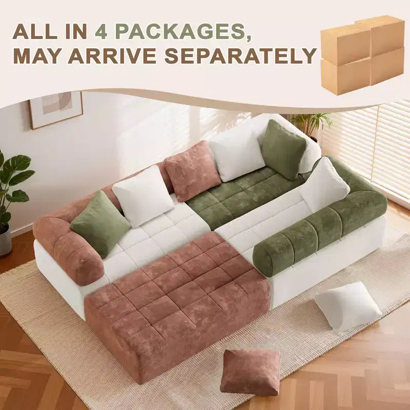 Divano sezionale in ciniglia a 4 posti con braccioli curvi Colorblock larghezza 279,9 cm