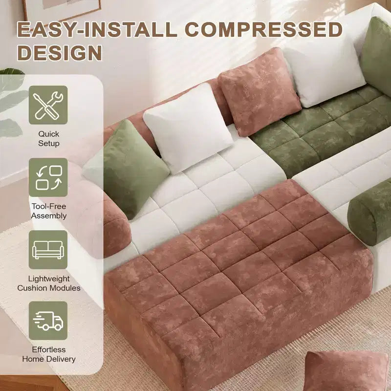 Divano sezionale in ciniglia a 4 posti con braccioli curvi Colorblock larghezza 279,9 cm