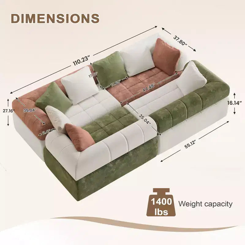 Divano sezionale in ciniglia a 4 posti con braccioli curvi Colorblock larghezza 279,9 cm