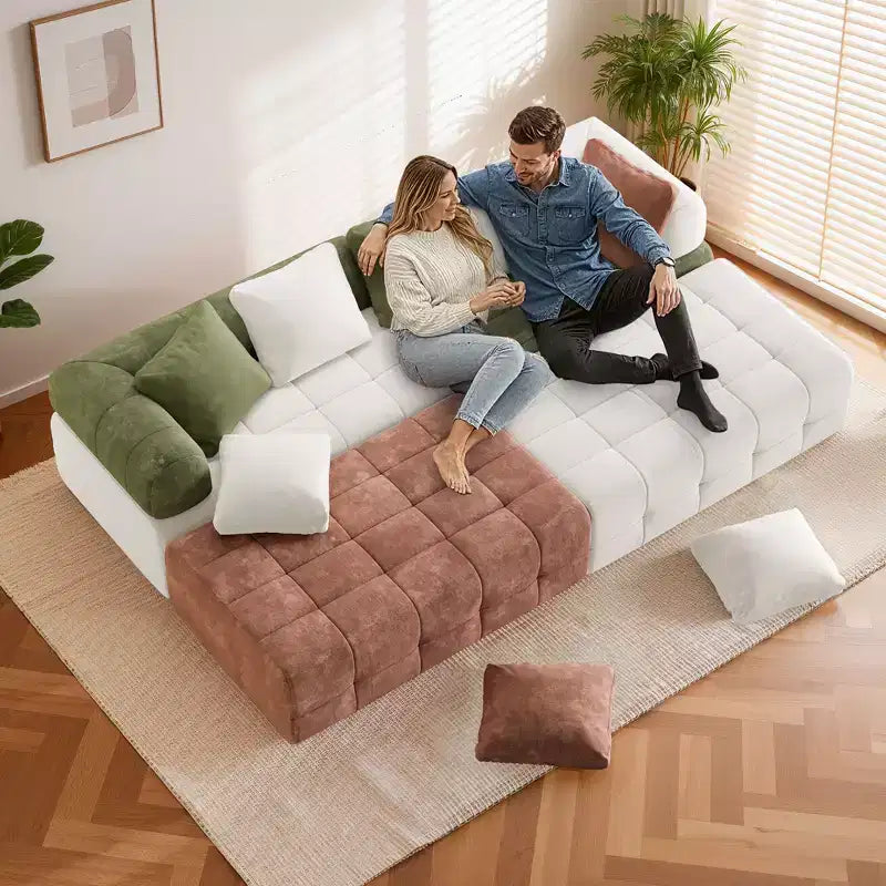 Divano sezionale in ciniglia a 4 posti con braccioli curvi Colorblock larghezza 279,9 cm