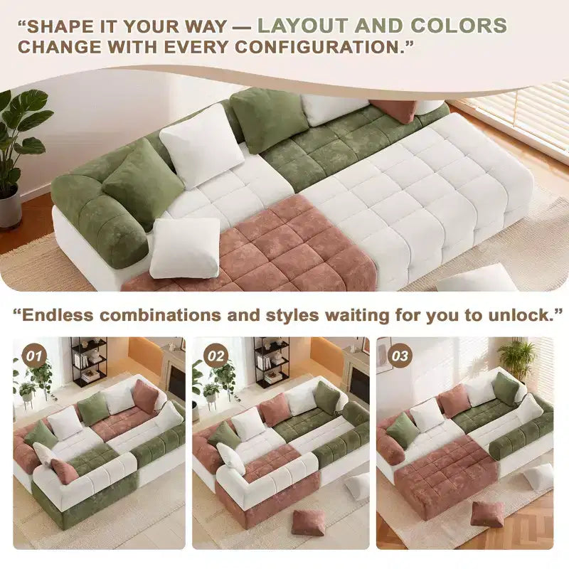 Divano sezionale in ciniglia a 4 posti con braccioli curvi Colorblock larghezza 279,9 cm