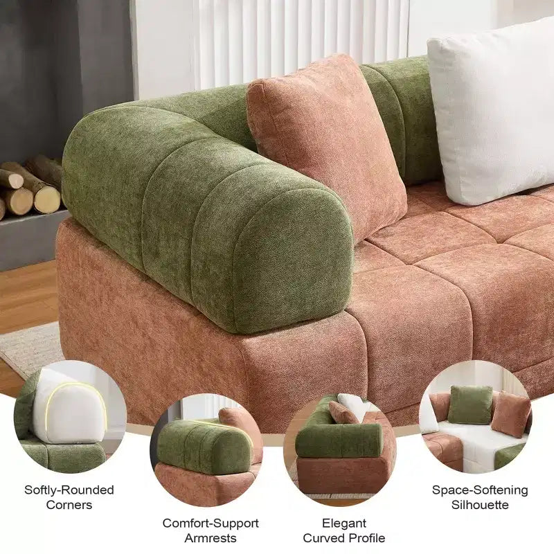 Divano sezionale in ciniglia a 4 posti con braccioli curvi Colorblock larghezza 279,9 cm