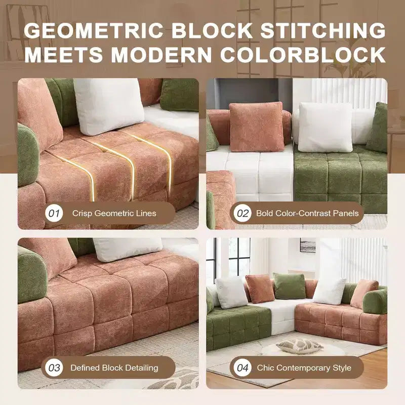 Divano sezionale in ciniglia a 4 posti con braccioli curvi Colorblock larghezza 279,9 cm