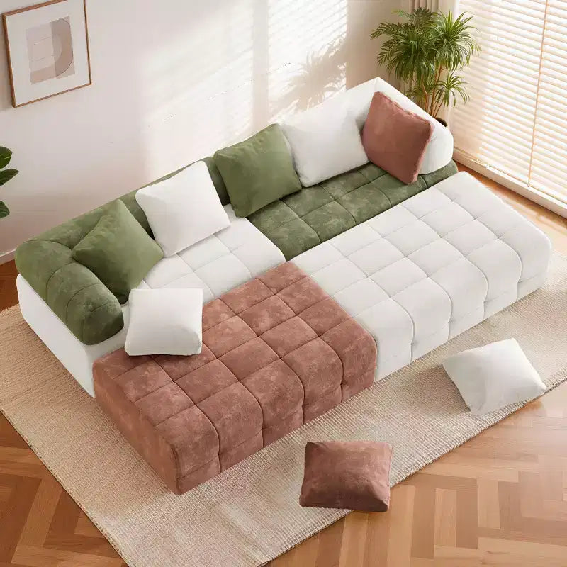 Divano sezionale in ciniglia a 4 posti con braccioli curvi Colorblock larghezza 279,9 cm
