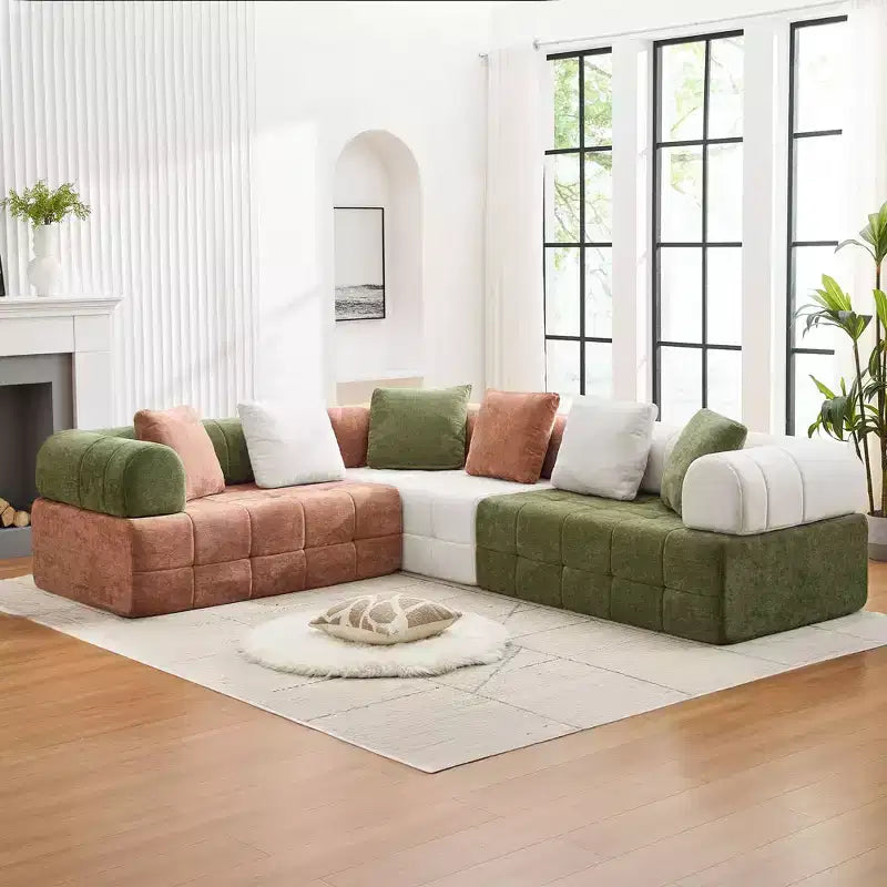 Divano sezionale in ciniglia a 4 posti con braccioli curvi Colorblock larghezza 279,9 cm