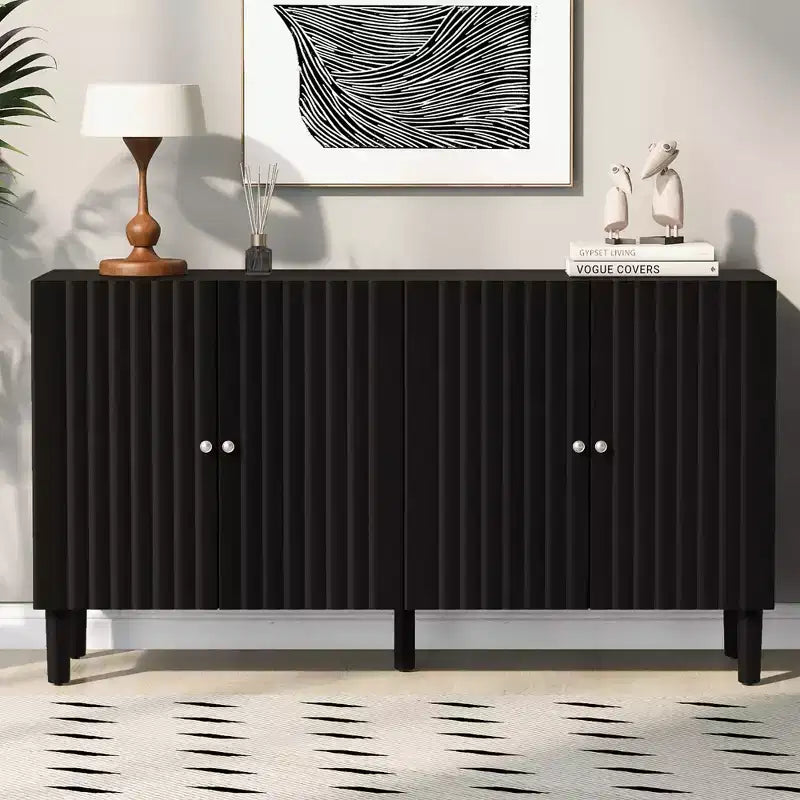 Bahut moderne et élégant avec 4 portes à motif ondulé et pieds cylindriques, meuble de rangement de 58 po avec étagères réglables, accent d'entrée