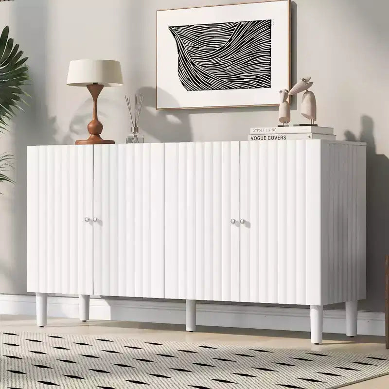 Bahut moderne et élégant avec 4 portes à motif ondulé et pieds cylindriques, meuble de rangement de 58 po avec étagères réglables, accent d'entrée