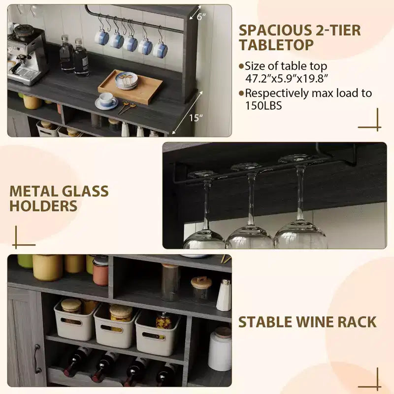 Madia da buffet da 47 pollici con espositore superiore, credenza per bar da caffè con portabicchieri e porta scorrevole da fienile per cucina e soggiorno