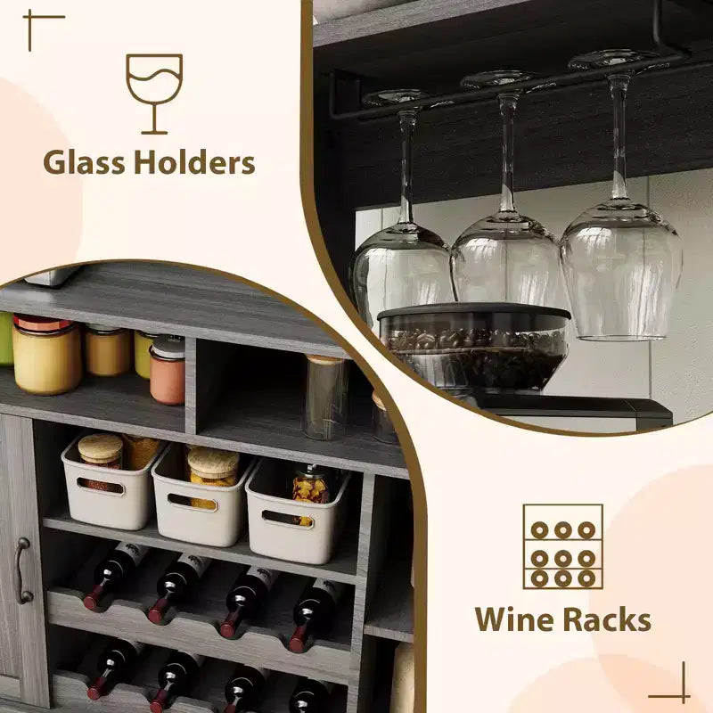 Madia da buffet da 47 pollici con espositore superiore, credenza per bar da caffè con portabicchieri e porta scorrevole da fienile per cucina e soggiorno