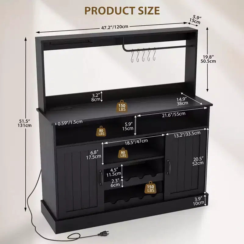 Madia da buffet da 47 pollici con espositore superiore, credenza per bar da caffè con portabicchieri e porta scorrevole da fienile per cucina e soggiorno