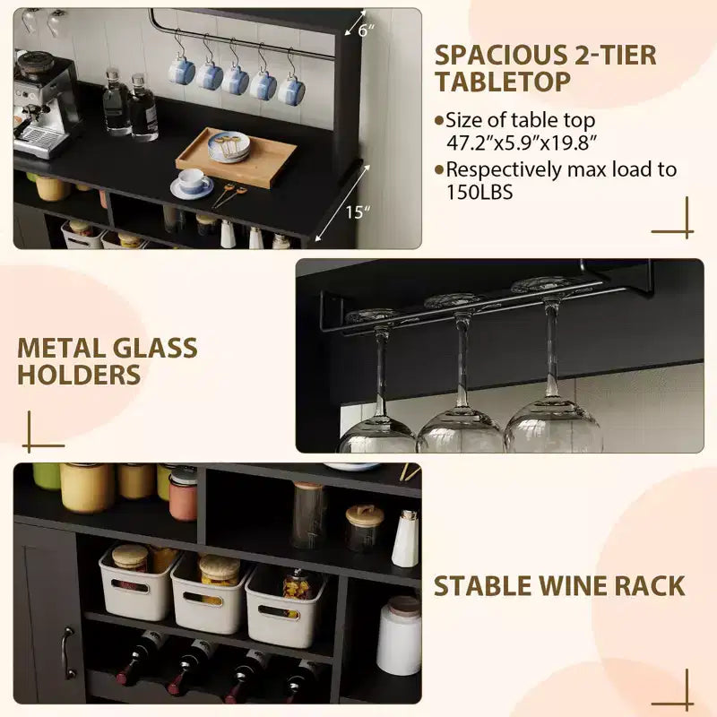 Madia da buffet da 47 pollici con espositore superiore, credenza per bar da caffè con portabicchieri e porta scorrevole da fienile per cucina e soggiorno