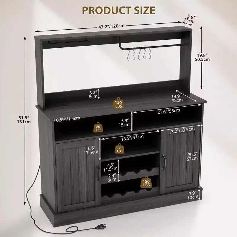 Madia da buffet da 47 pollici con espositore superiore, credenza per bar da caffè con portabicchieri e porta scorrevole da fienile per cucina e soggiorno