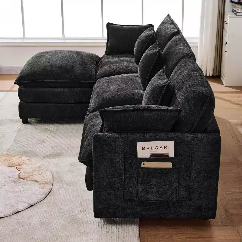 Divano componibile moderno 102 con pouf, cuscini a doppio strato, divano Cloud in tessuto morbido per soggiorni, appartamenti o salotti-Panipeachy