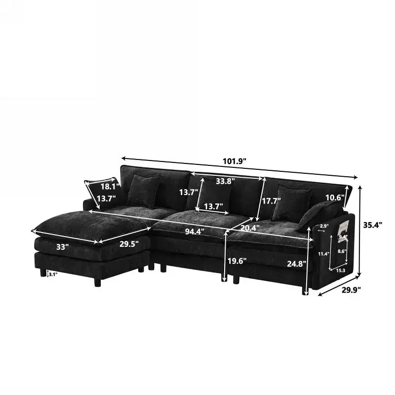 Divano componibile moderno 102 con pouf, cuscini a doppio strato, divano Cloud in tessuto morbido per soggiorni, appartamenti o salotti-Panipeachy