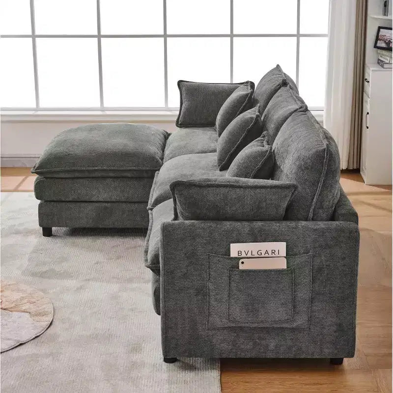 Divano componibile moderno 102 con pouf, cuscini a doppio strato, divano Cloud in tessuto morbido per soggiorni, appartamenti o salotti-Panipeachy