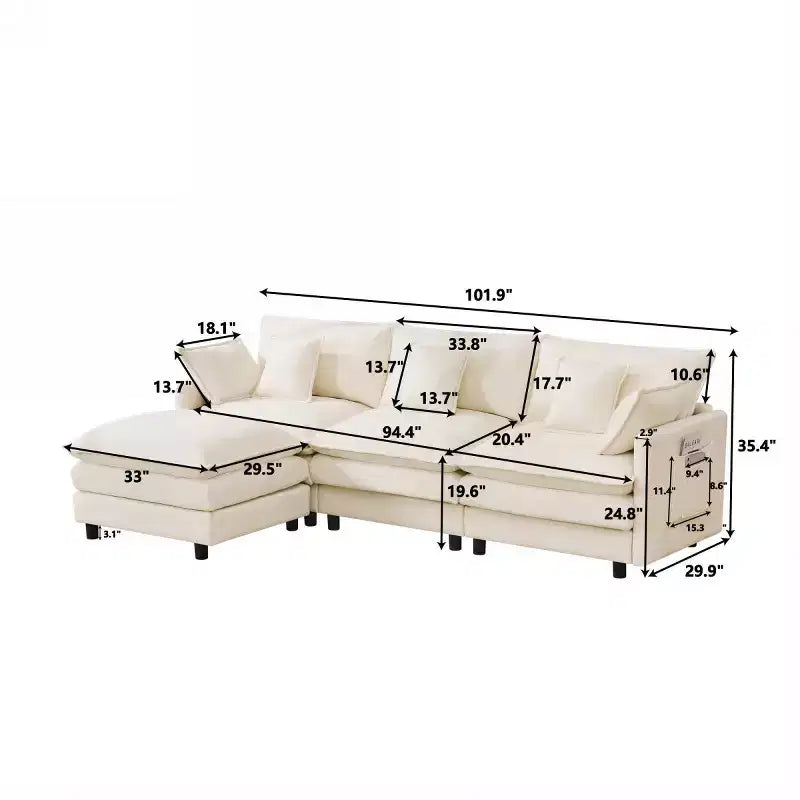 Divano componibile moderno 102 con pouf, cuscini a doppio strato, divano Cloud in tessuto morbido per soggiorni, appartamenti o salotti-Panipeachy