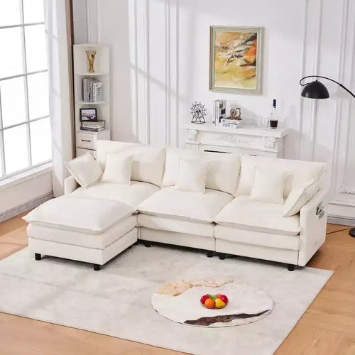 102 Modern Sectional Sofa with Ottoman, Double-Layer Cushions, Soft Fabric Cloud Sofa for Living Rooms, Apartments, or Lounges-Panipeachy