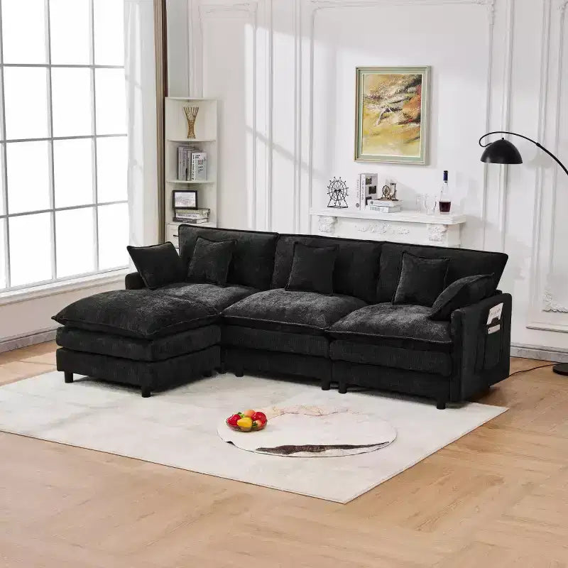 Divano componibile moderno 102 con pouf, cuscini a doppio strato, divano Cloud in tessuto morbido per soggiorni, appartamenti o salotti-Panipeachy
