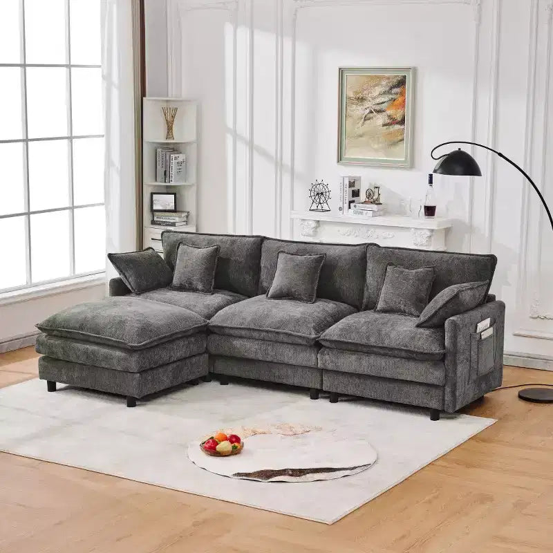 Divano componibile moderno 102 con pouf, cuscini a doppio strato, divano Cloud in tessuto morbido per soggiorni, appartamenti o salotti-Panipeachy
