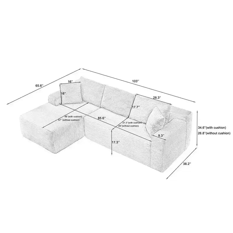 103 Divano Sezionale Modulare Moderno con Chaise Longue, Divano Cloud con Seduta Profonda a L in Corduroy per Soggiorno o Sala Familiare di Piccole Dimensioni-Panipeachy