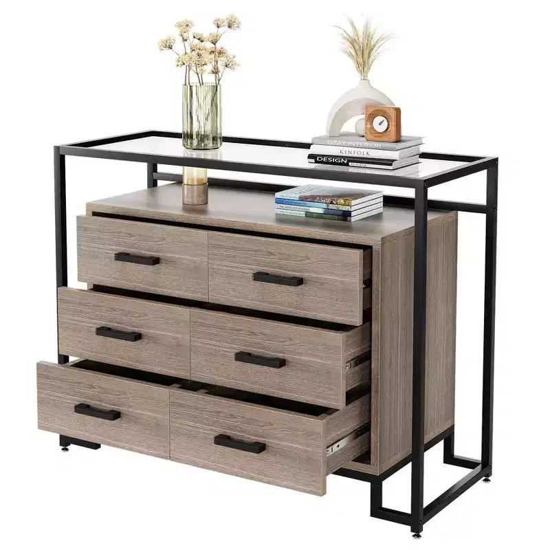 Cassettiera a 6 cassetti, cassettiera in legno con piano in vetro temperato e supporto TV con telaio in acciaio, armadio multiuso di grandi dimensioni per soggiorno e camera da letto