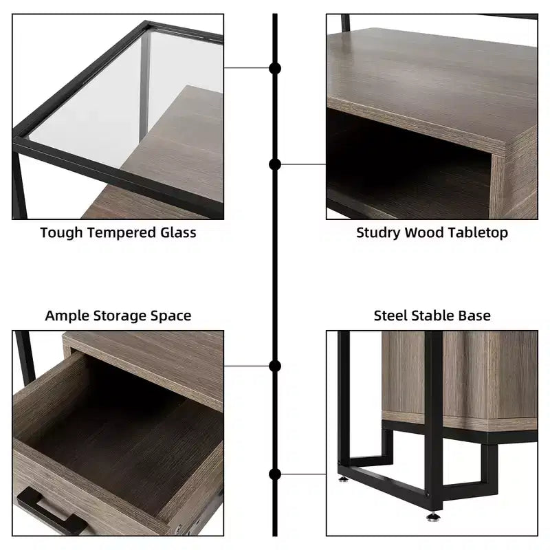 Cassettiera a 6 cassetti, cassettiera in legno con piano in vetro temperato e supporto TV con telaio in acciaio, armadio multiuso di grandi dimensioni per soggiorno e camera da letto
