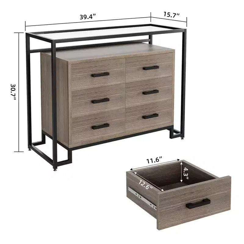Cassettiera a 6 cassetti, cassettiera in legno con piano in vetro temperato e supporto TV con telaio in acciaio, armadio multiuso di grandi dimensioni per soggiorno e camera da letto