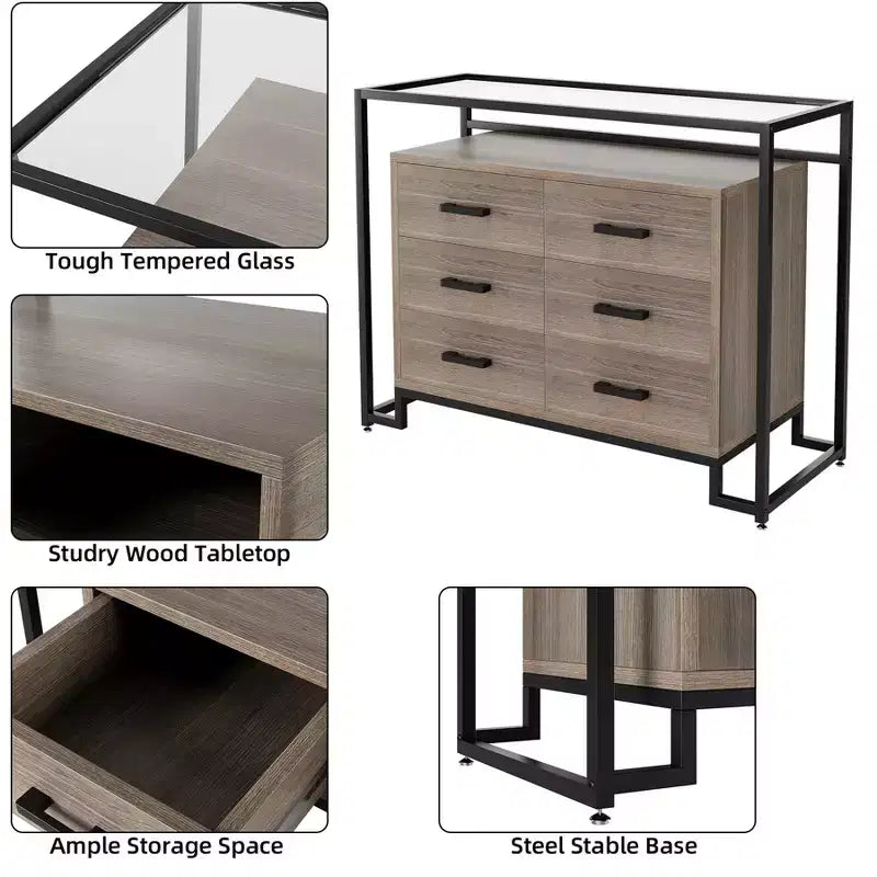 Cassettiera a 6 cassetti, cassettiera in legno con piano in vetro temperato e supporto TV con telaio in acciaio, armadio multiuso di grandi dimensioni per soggiorno e camera da letto