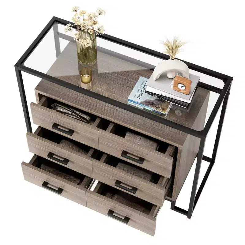 Cassettiera a 6 cassetti, cassettiera in legno con piano in vetro temperato e supporto TV con telaio in acciaio, armadio multiuso di grandi dimensioni per soggiorno e camera da letto