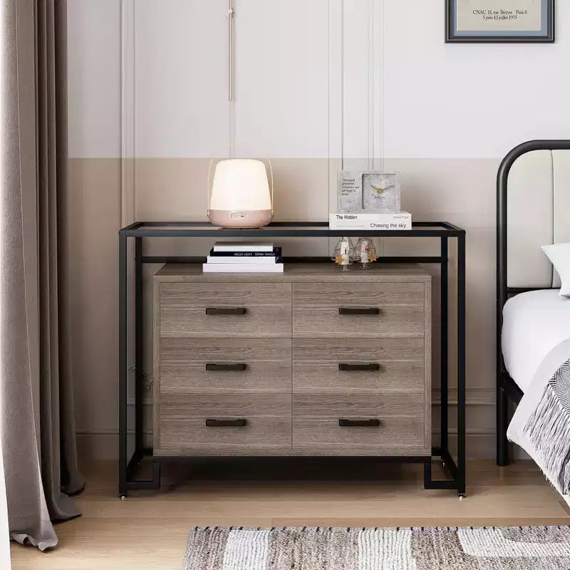 Cassettiera a 6 cassetti, cassettiera in legno con piano in vetro temperato e supporto TV con telaio in acciaio, armadio multiuso di grandi dimensioni per soggiorno e camera da letto