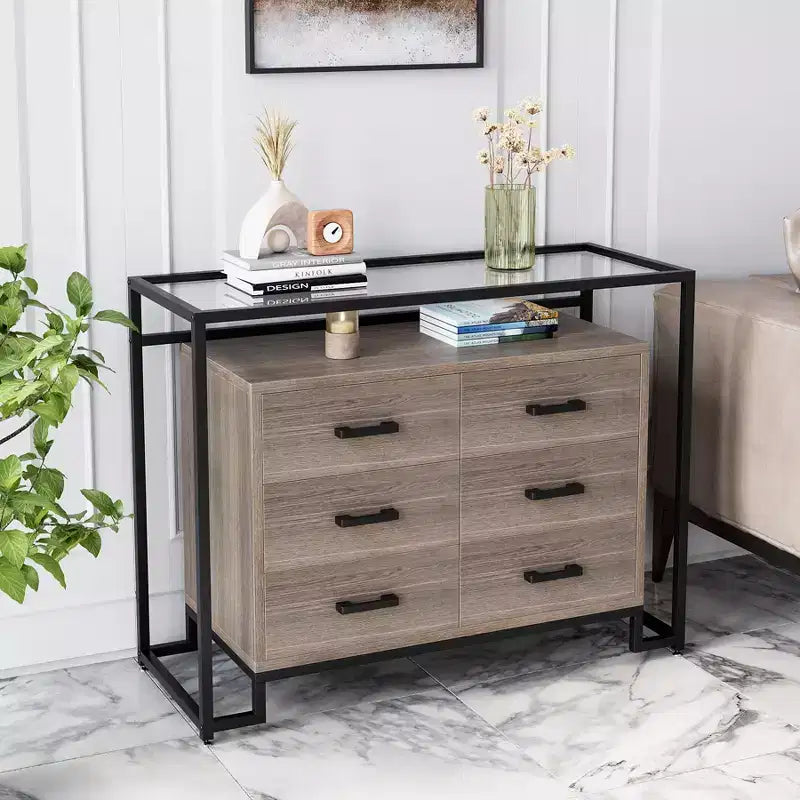 Cassettiera a 6 cassetti, cassettiera in legno con piano in vetro temperato e supporto TV con telaio in acciaio, armadio multiuso di grandi dimensioni per soggiorno e camera da letto