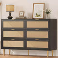 Natural Rattan 6 Drawer Dresser for Bedroom,Chest of Drawers with Gold Legs and Gold Handles,Wide Double Dresser with Large Tabletop and Anti-Tipping