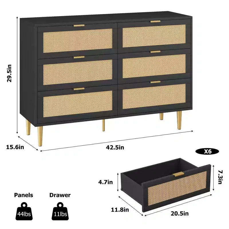 Cassettiera a 6 cassetti in rattan naturale per camera da letto, cassettiera con gambe e maniglie dorate, cassettiera doppia larga con ripiano ampio e anti-ribaltamento