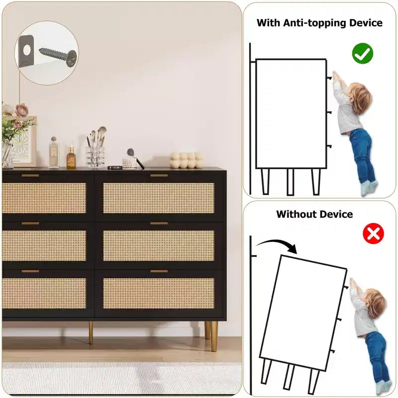 Cassettiera a 6 cassetti in rattan naturale per camera da letto, cassettiera con gambe e maniglie dorate, cassettiera doppia larga con ripiano ampio e anti-ribaltamento