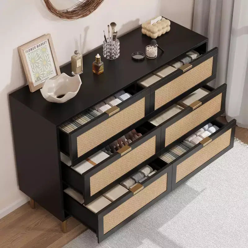 Cassettiera a 6 cassetti in rattan naturale per camera da letto, cassettiera con gambe e maniglie dorate, cassettiera doppia larga con ripiano ampio e anti-ribaltamento