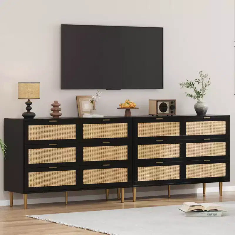 Cassettiera a 6 cassetti in rattan naturale per camera da letto, cassettiera con gambe e maniglie dorate, cassettiera doppia larga con ripiano ampio e anti-ribaltamento