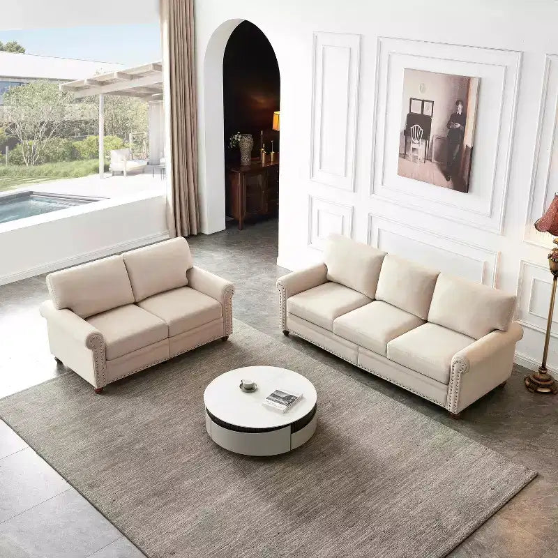 MAYEERTY Divano a Tre Posti in Similpelle con Contenitore, Telaio in Legno Massello e Metallo, Rivetti Argentati Decorativi, per Soggiorno, Beige