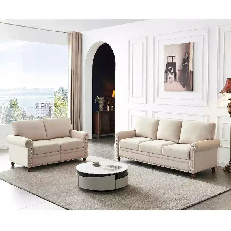 MAYEERTY Divano a Tre Posti in Similpelle con Contenitore, Telaio in Legno Massello e Metallo, Rivetti Argentati Decorativi, per Soggiorno, Beige
