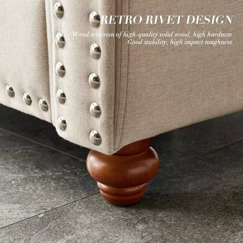 MAYEERTY Divano a Tre Posti in Similpelle con Contenitore, Telaio in Legno Massello e Metallo, Rivetti Argentati Decorativi, per Soggiorno, Beige
