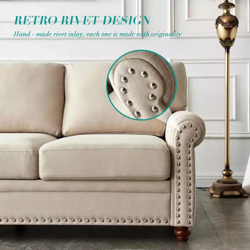 MAYEERTY Divano a Tre Posti in Similpelle con Contenitore, Telaio in Legno Massello e Metallo, Rivetti Argentati Decorativi, per Soggiorno, Beige