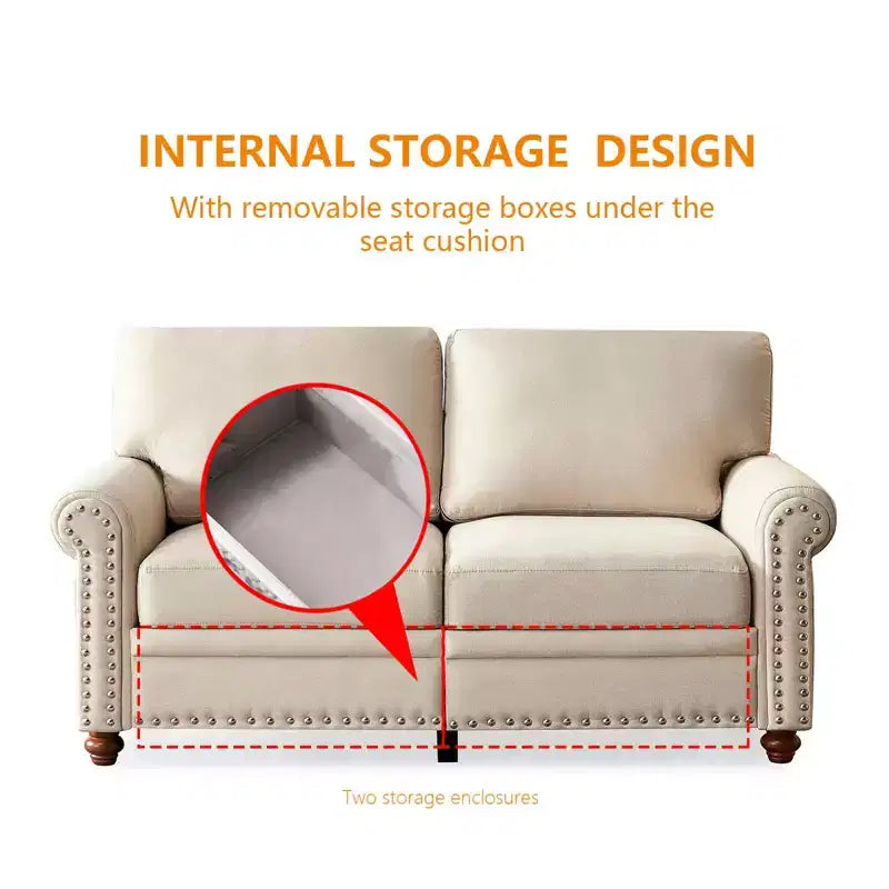 MAYEERTY Divano a Tre Posti in Similpelle con Contenitore, Telaio in Legno Massello e Metallo, Rivetti Argentati Decorativi, per Soggiorno, Beige