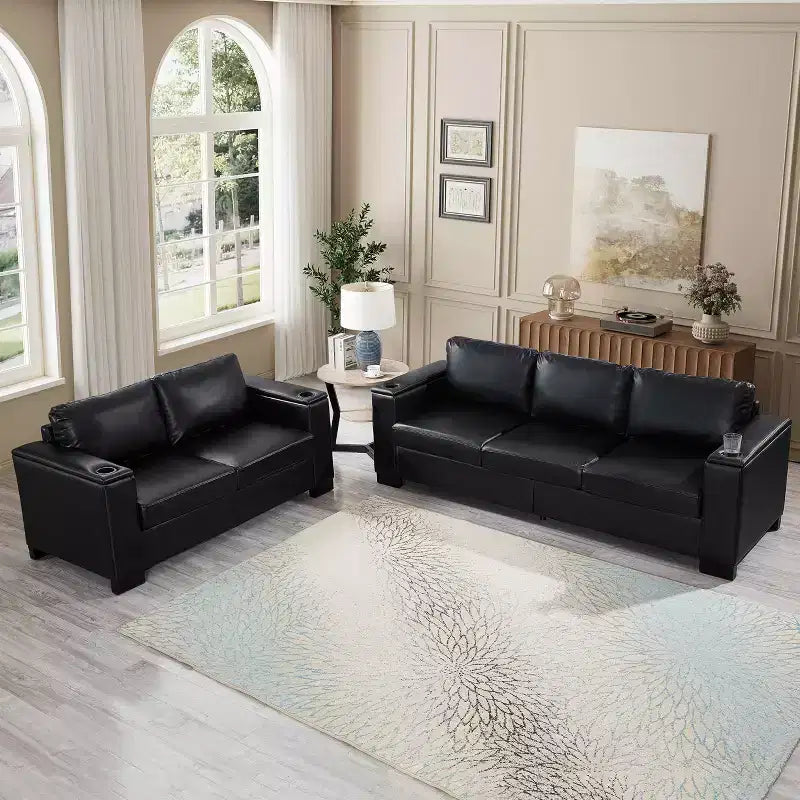 MAYEERTY Two Pieces 2+3 Seater Sectional Sofa with Cup Holder Square Arm Upholstered Faux Leather for Living Room Black