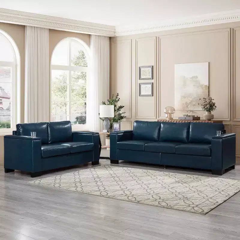 MAYEERTY Two Pieces 2+3 Seater Sectional Sofa with Cup Holder Square Arm Upholstered Faux Leather for Living Room Navy Blue