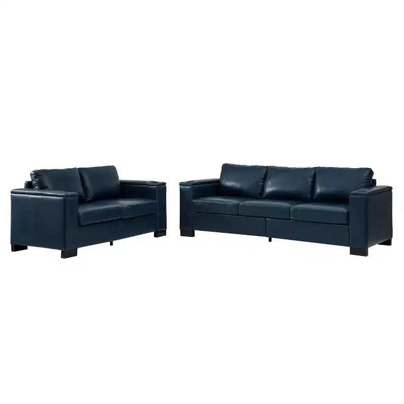 MAYEERTY Divano sezionale a due pezzi 2+3 posti con portabicchieri, braccioli squadrati, rivestimento in ecopelle per soggiorno, blu navy