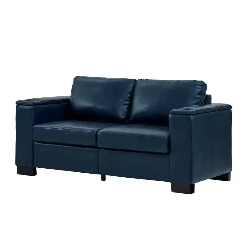 MAYEERTY Divano sezionale a due pezzi 2+3 posti con portabicchieri, braccioli squadrati, rivestimento in ecopelle per soggiorno, blu navy