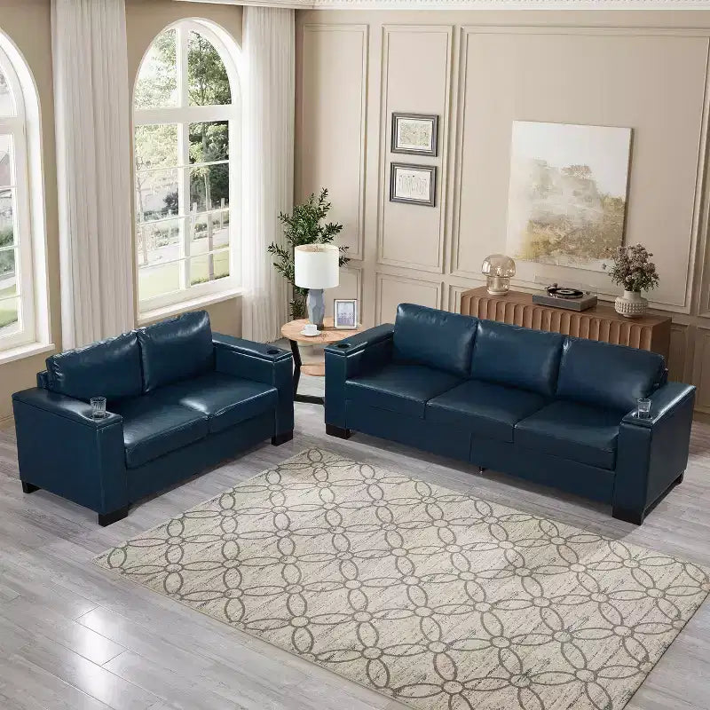 MAYEERTY Divano sezionale a due pezzi 2+3 posti con portabicchieri, braccioli squadrati, rivestimento in ecopelle per soggiorno, blu navy