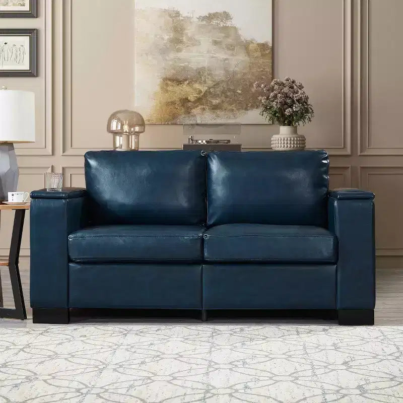 MAYEERTY Divano sezionale a due pezzi 2+3 posti con portabicchieri, braccioli squadrati, rivestimento in ecopelle per soggiorno, blu navy